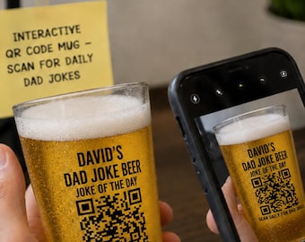 Daily Dad Jokes Beer Glass with Custom Name, 16oz QR Code Pint Cup for Joke of the Day, Personalized Funny Gift from Son Daughter Wife