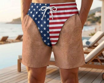 Custom Funny Men Swim Trunks, Patriotic Men’s Swim Shorts, Personalized Funny USA Flag Swim Trunks, Personalized Funny Patriotic Swim Trunks