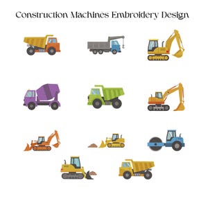 Pode incluir: Um desenho de bordado com várias máquinas de construção. A imagem inclui um camião basculante, um camião grua, uma escavadora, uma betoneira, uma escavadora, um rolo compactador e outros veículos de construção em cores brilhantes.