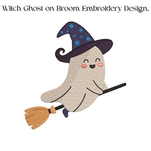 Diseño de bordado de fantasma de bruja en escoba, fantasma volador con sombrero de estrella para Halloween, archivo para máquina de bordar, 4 tamaños, descarga instantánea dst, pes, exp, jep, vp3