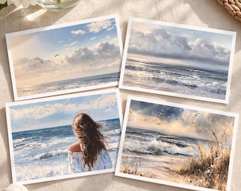 May include: Four rectangular art prints featuring coastal scenes. One shows a person with long hair facing the ocean, while the others depict waves, sandy shores with tall grass, and birds flying under cloudy blue skies in shades of blue and white.