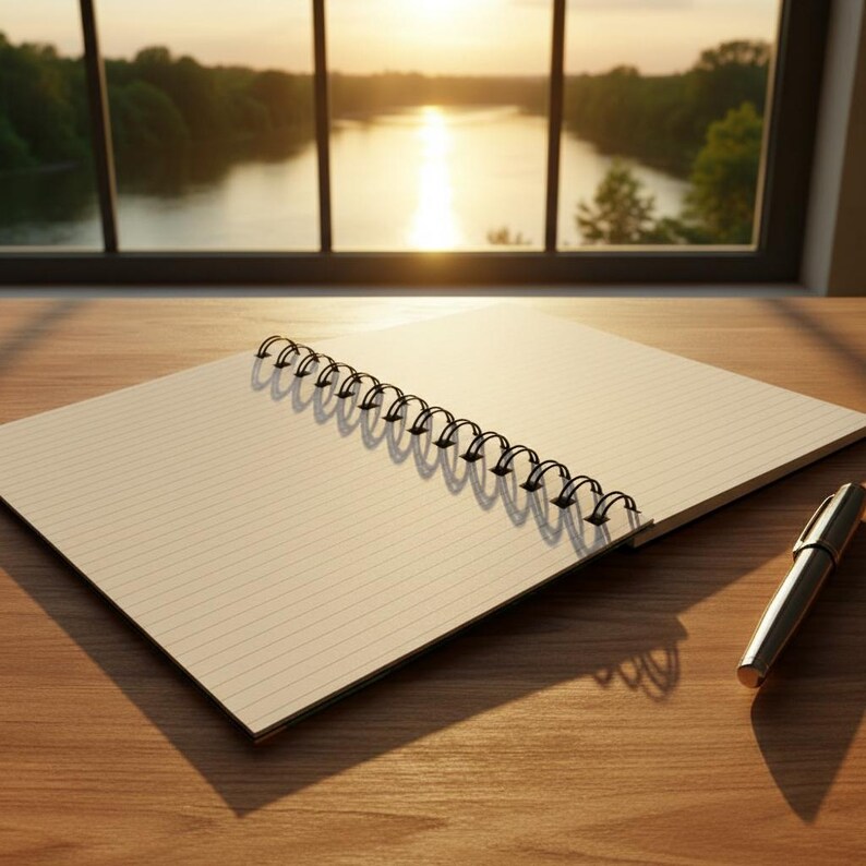 Sea-inspired reflective journal for wild swimmers with calming sunset view.