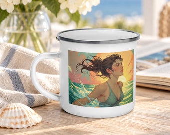 Wild Swimming Enamel Mug, Sunrise Sea Swimmer Gift, Camping Mug, Open Water Swimming Gift. 'Warm Water Memories'
