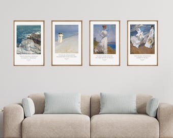 May include: A set of four framed art prints featuring impressionist-style paintings of figures by the sea, each with white borders and printed text captions below the imagery, displayed in a horizontal row on a plain wall above a sofa.