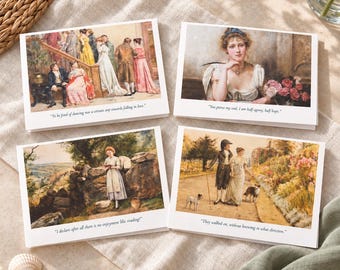 May include: Four rectangular greeting cards featuring historical paintings. Top left: a ballroom scene with the text "To be fond of dancing was a certain step towards falling in love." Top right: a portrait of a woman with the text "You pierce my soul. I am half agony, half hope." Bottom left: a person reading outdoors with the text "I declare after all there is no enjoyment like reading!" Bottom right: a couple walking with dogs with the text "They walked on, without knowing in what direction."