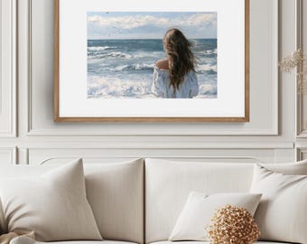 Coastal Wall Art Print. Woman Watching the Sea Painting, Seascape Fine Art, Beach House Decor, Gift for Sea Lover. 'Peace Comes in Waves'