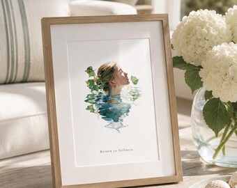 May include: A framed art print featuring a watercolor illustration of a person partially submerged in water with green leaves around their head. The artwork includes the text Return to Stillness printed in a simple serif font at the bottom center.