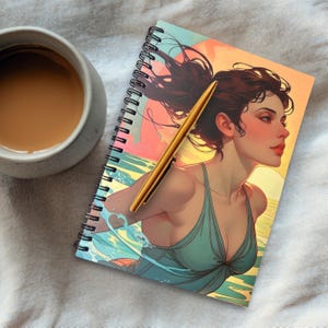 Sea inspired wellbeing journal with wild swimming art, reflective writing for calm moments.