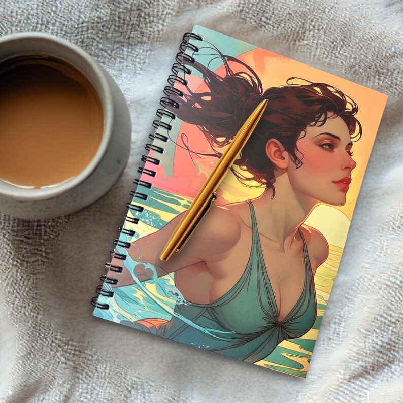 Sea inspired wellbeing journal with wild swimming art, reflective writing for calm moments.