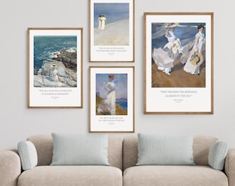 May include: A set of four framed wall art prints featuring impressionist-style paintings of figures by the sea, each with a white border and printed Jane Austen quotes. The wooden frames surround scenes of people in white clothing on beaches.
