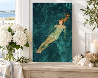 May include: A rectangular wall art print featuring an illustration of a person with long blonde hair floating in deep teal water. The person wears a light green patterned swimsuit and matching gloves, with swirling aquatic designs on their skin.