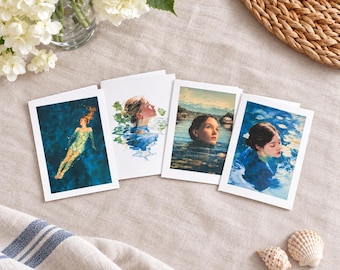 May include: Four rectangular greeting cards featuring watercolor-style illustrations of individuals submerged in water. The artwork depicts various scenes of people swimming or floating in blue water, surrounded by lily pads and soft light reflections.