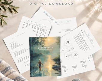 May include: A digital download reflection journal set featuring a cover with a person wading in a river at sunset titled Quiet Moments. Includes printable pages with text such as Event Calendar, Three Small Wins, and The 5-4-3-2-1 Grounding Technique.