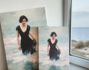 Coastal Canvas Art, Woman in Sea Painting, Moody Ocean Wall Art, Seascape Canvas Print, Gift for Sea Lover. 'The Sea Remembers Her'