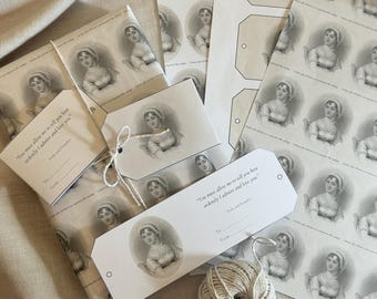 May include: A collection of gift tags and wrapping paper featuring a repeating black and white portrait of a woman in a bonnet. The tags include the text: "You must allow me to tell you how ardently I admire and love you." Pride and Prejudice.