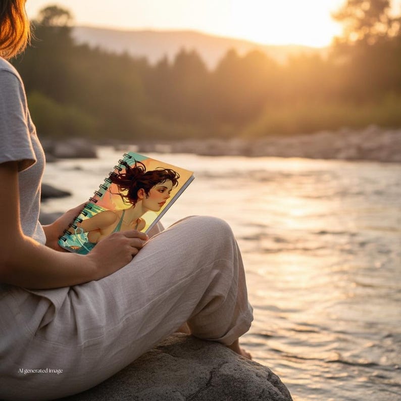 Op de afbeelding: Een spiraalgebonden notitieboek met een illustratie van een vrouw met donker haar. Het notitieboek wordt vastgehouden voor een schilderachtige achtergrond van een rivier en bergen bij zonsondergang. De afbeelding heeft een warm, goudkleurig palet.
