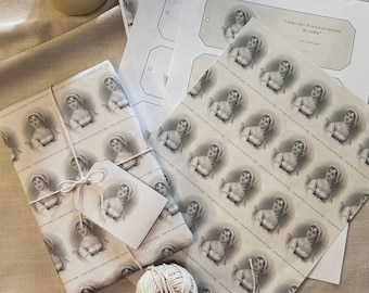 May include: Wrapping paper and gift tags featuring a repeating black and white illustration of a woman in a bonnet and the text I declare after all there is no enjoyment like reading, tied with a ball of light beige twine.