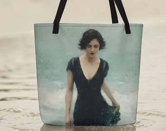 Draagtas wilde zwemmer, grote Sea Art Shopper, cadeau open water zwemmer. 'De zee herinnert zich haar'