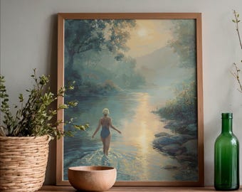 Afdrukbare wildzwemkunst, rivierzwemmer digitale download, instant - 'First Steps In'