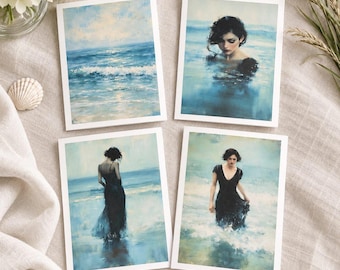 May include: Four rectangular art prints featuring ocean scenes. One shows a blue sea with waves, another a person in a black dress standing in water, one a person in a black dress walking on a beach, and one a person partially submerged in the sea.