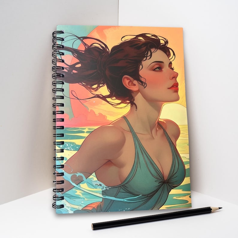 Sea inspired wellbeing journal, featuring sunrise swimmer art, ideal for wild swimmers and open water swim lovers.