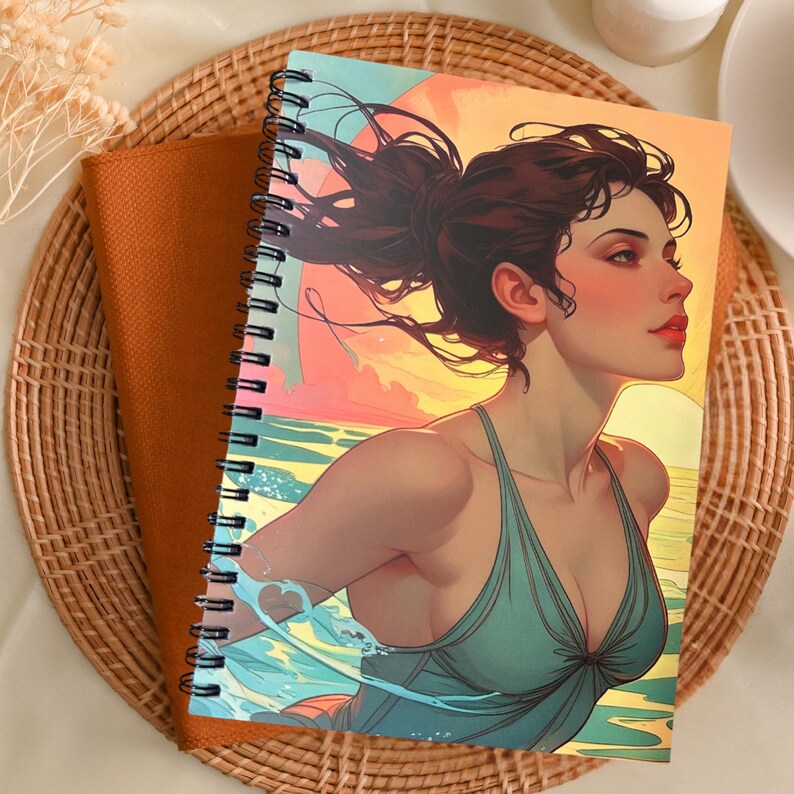 Sea swimmer art journal, wild swimming gift, spiral bound, rich colors. Ideal for reflective writing.