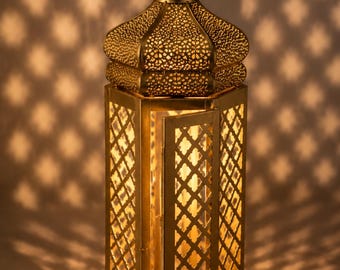 Tall Moroccan Lantern Antique Brass | Handcrafted Metal Hanging Lantern with Door | Boho Ceiling Pendant Light