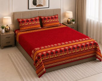 King Size Hand Block Print Cotton Bedsheet Set: Red Elephant Palm Tree Ethnic Indian