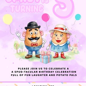 Può includere: Un invito di compleanno con uno sfondo acquerello viola. Il testo "EMILY IS TURNING 5" è in alto. Sono presenti due personaggi di cartoni animati a forma di patata. L'invito include i dettagli della festa e le informazioni RSVP.