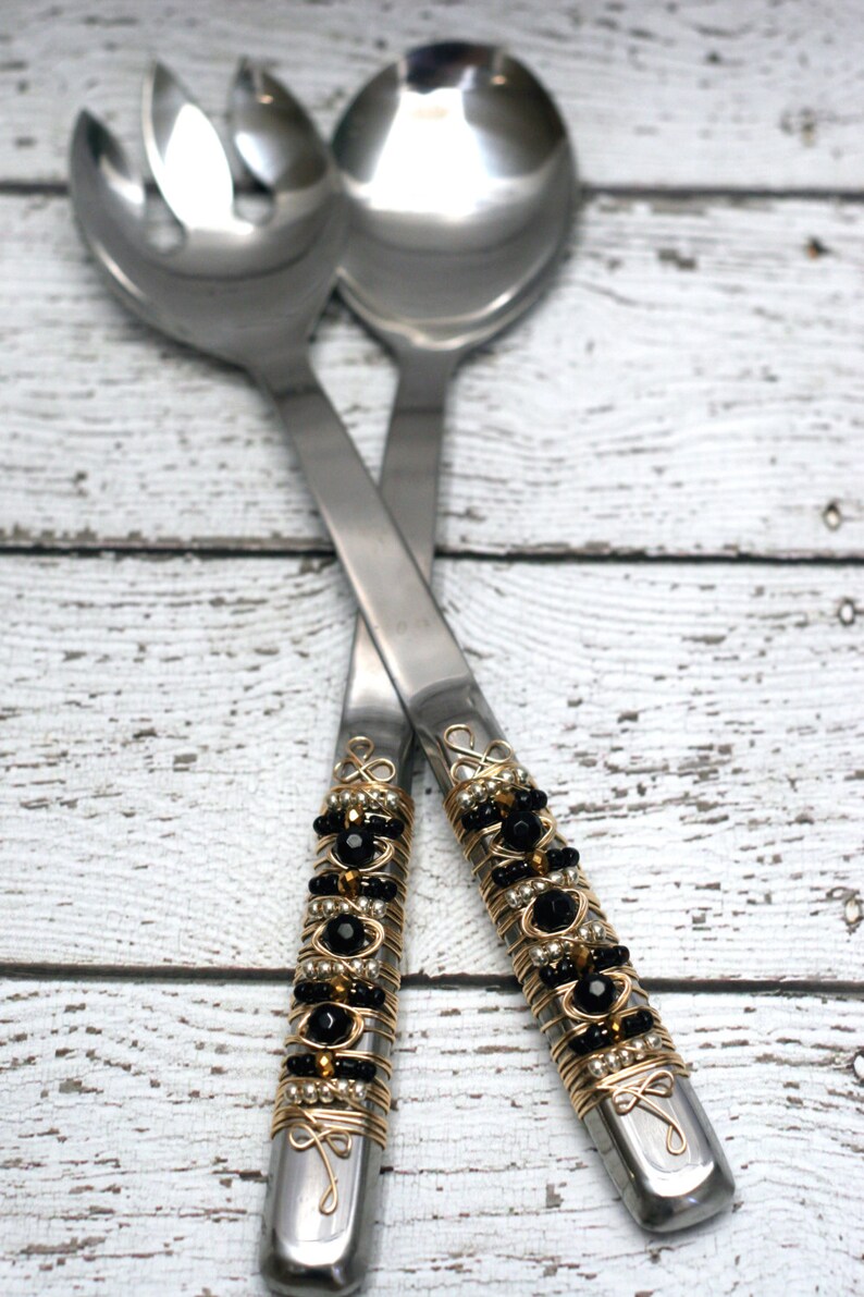 couture SALAD SERVERS Black special occasion Gold and Silver Beaded Wire Wrapped Salad Server Set custom tabletop bridal gift