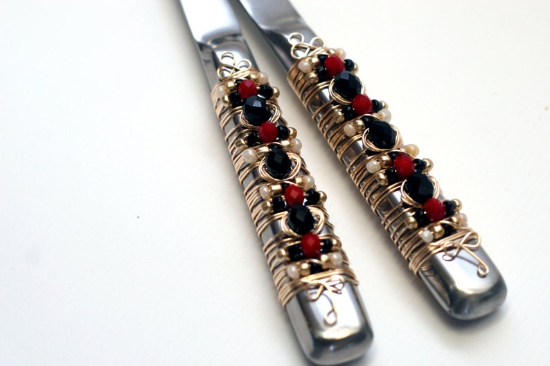 Ivory and Gold Beaded Salad Serving Set bridal shower table buffet house warming birthday SALAD SERVERS Black bling Red gifts glam