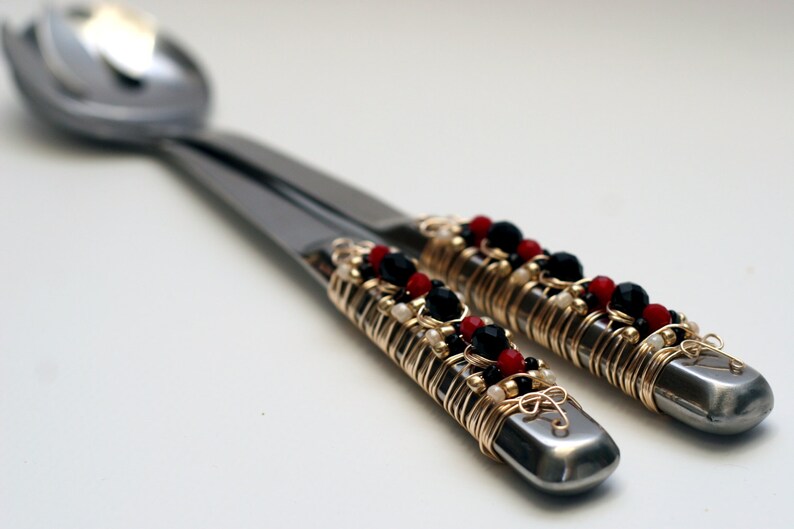 Ivory and Gold Beaded Salad Serving Set bridal shower table buffet house warming birthday SALAD SERVERS Black bling Red gifts glam