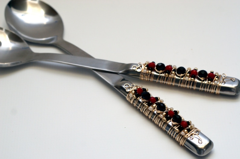 Ivory and Gold Beaded Salad Serving Set bridal shower table buffet house warming birthday SALAD SERVERS Black bling Red gifts glam