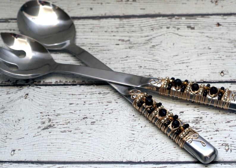 couture SALAD SERVERS Black special occasion Gold and Silver Beaded Wire Wrapped Salad Server Set custom tabletop bridal gift