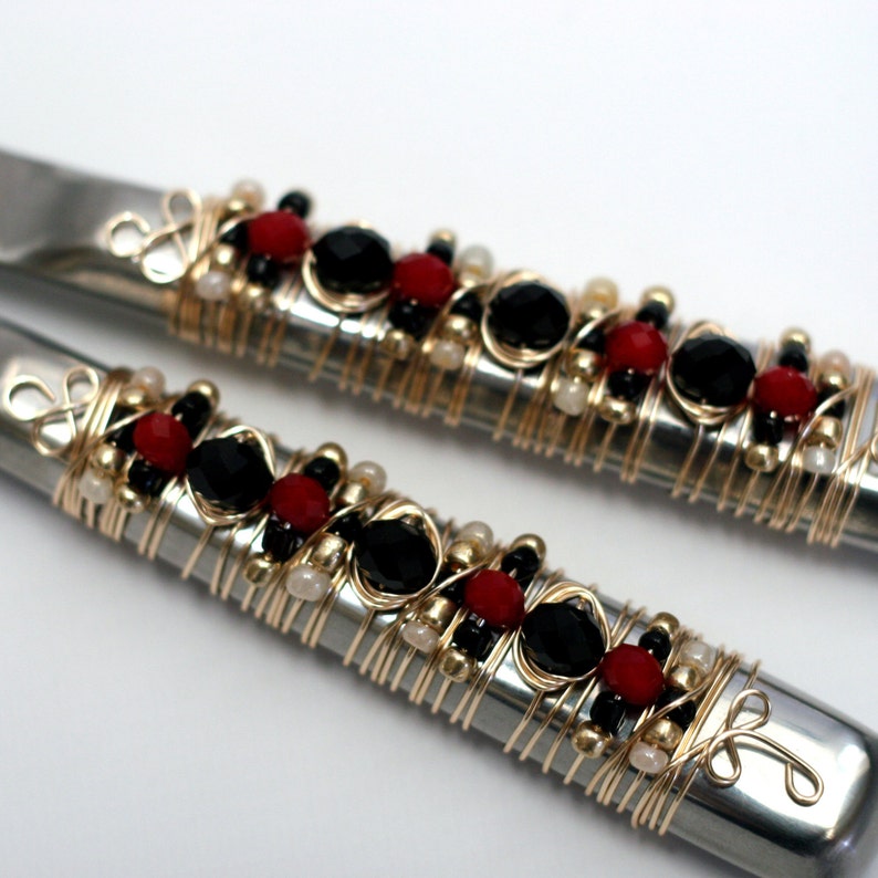 Ivory and Gold Beaded Salad Serving Set bridal shower table buffet house warming birthday SALAD SERVERS Black bling Red gifts glam