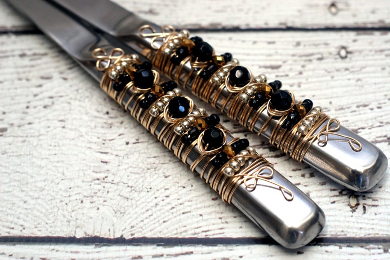 couture SALAD SERVERS Black special occasion Gold and Silver Beaded Wire Wrapped Salad Server Set custom tabletop bridal gift
