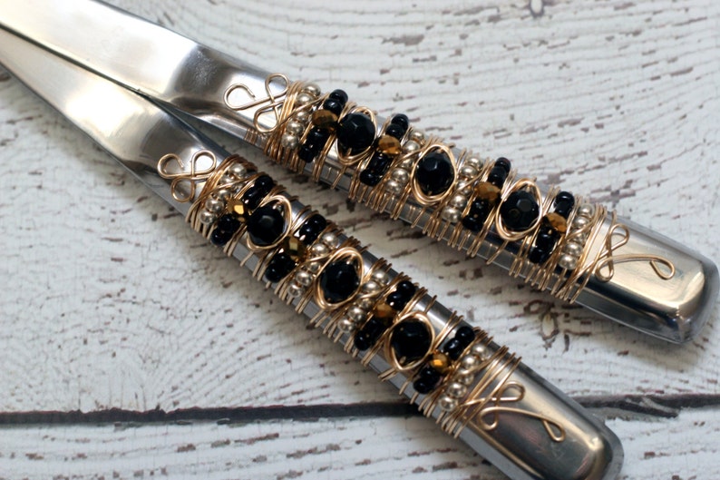 couture SALAD SERVERS Black special occasion Gold and Silver Beaded Wire Wrapped Salad Server Set custom tabletop bridal gift