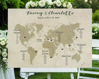 Custom Wedding Seating Chart - Vintage World Map - Printable Tableau de Mariage - Destination Wedding in Italy - HandDrawn Map - Wedding