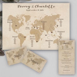 Complete Wedding Stationery Set - Vintage World Map - Seating Chart + Table Cards + Menu - Destination Wedding in Italy