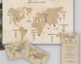 Complete Wedding Stationery Set - Vintage World Map - Seating Chart + Table Cards + Menu - Destination Wedding in Italy