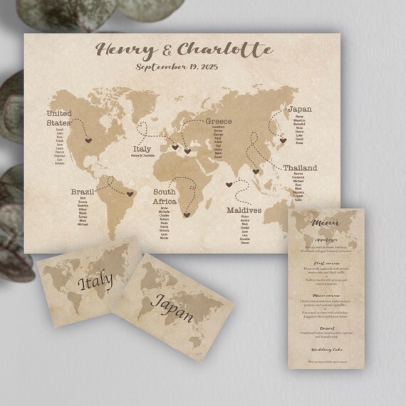 Complete Wedding Stationery Set - Vintage World Map - Seating Chart + Table Cards + Menu - Destination Wedding in Italy