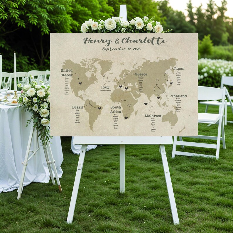 May include: A world map seating chart on a white easel, with the names "Henry & Charlotte" and the date "September 19, 2025" at the top. The map highlights various locations with dotted lines and heart icons, including the United States, Italy, and Japan. White flowers adorn the top.
