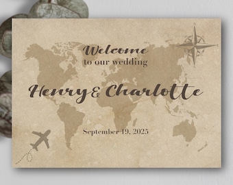 Custom Wedding Welcome Sign - Vintage World Map - Printable Welcome Board - Destination Wedding in Italy - 50 x 70 cm