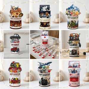 Op de afbeelding: Een verzameling decoratieve Vaderdag geschenkdozen met verschillende thema's, waaronder eten, reizen en gereedschap. Elke cilindrische doos heeft een pop-up ontwerp met miniatuur objecten en de tekst "Happy Father's Day".