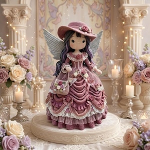 May include: A handcrafted crochet doll, styled as a fairy, in a Victorian-era dress. The doll features a mauve dress with lace trim, a matching hat, and a small purse. The doll has gray wings and is displayed on a round, cream-colored pedestal.