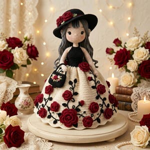 Puede incluir: Muñeca de ganchillo hecha a mano, con un sombrero negro adornado con rosas rojas. La muñeca tiene cabello gris, un top negro y un vestido crema decorado con rosas rojas y enredaderas negras. Lleva un pequeño bolso negro con detalles florales.