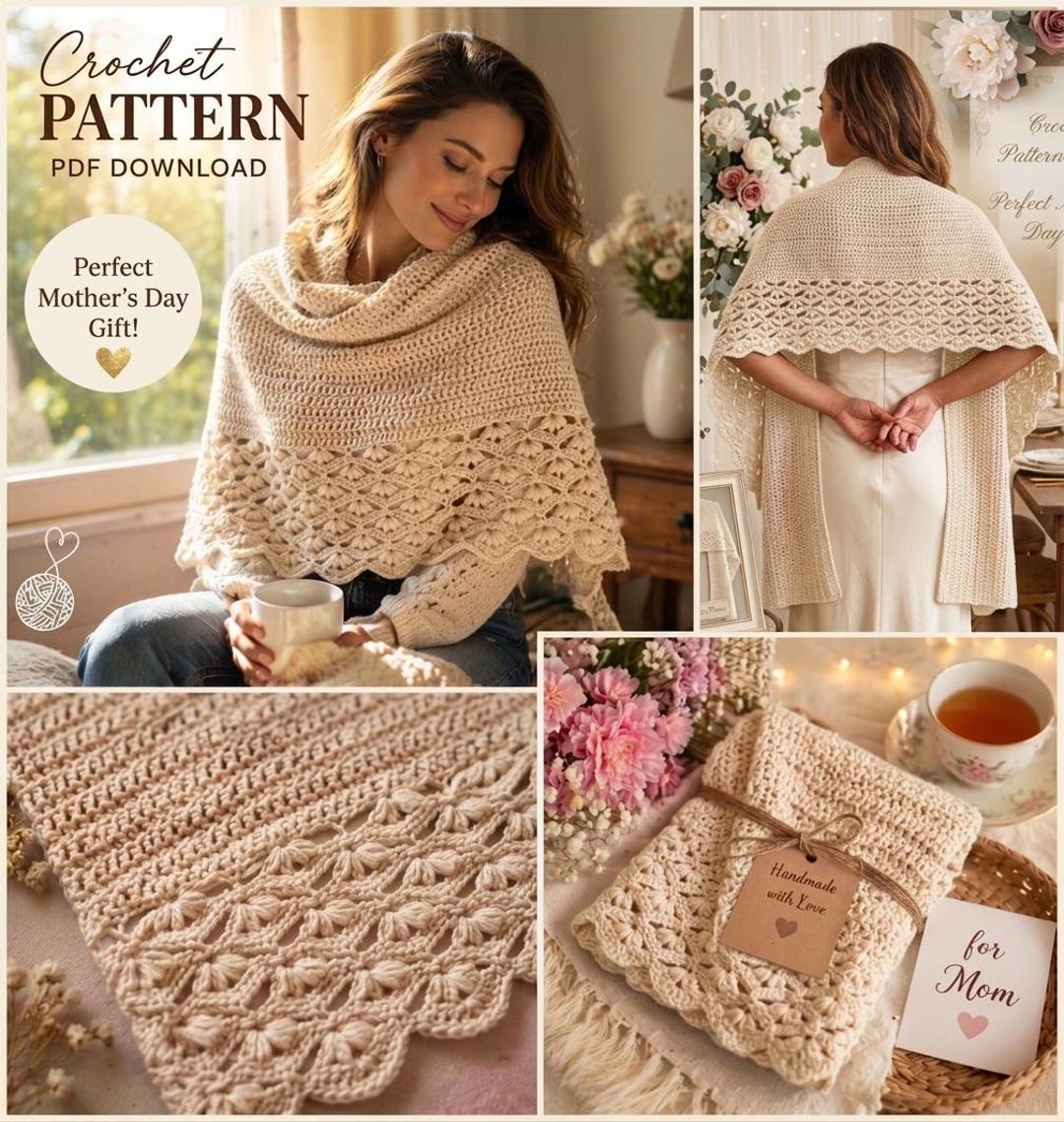 Easy Boho Crochet Shawl Pattern PDF, Lace Wrap Tutorial, Mothers Day ...