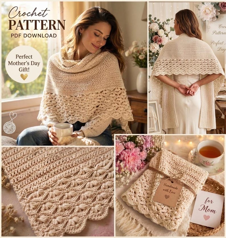 Easy Boho Crochet Shawl Pattern PDF, Lace Wrap Tutorial, Mothers Day ...