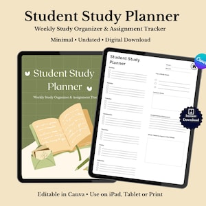 May include: Two digital tablets displaying a student study planner. One tablet shows the cover with text, the other shows the planner's interior layout. The planner is a weekly study organizer and assignment tracker, with a minimal and undated design.