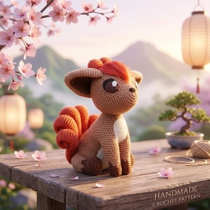 Puede incluir: Un patrón de crochet hecho a mano de una criatura marrón y naranja con forma de zorro, con orejas grandes y una cola esponjosa. La criatura está sentada sobre una superficie de madera con flores de cerezo y una linterna japonesa en el fondo. El texto "HANDMADE CROCHET PATTERN" es visible.